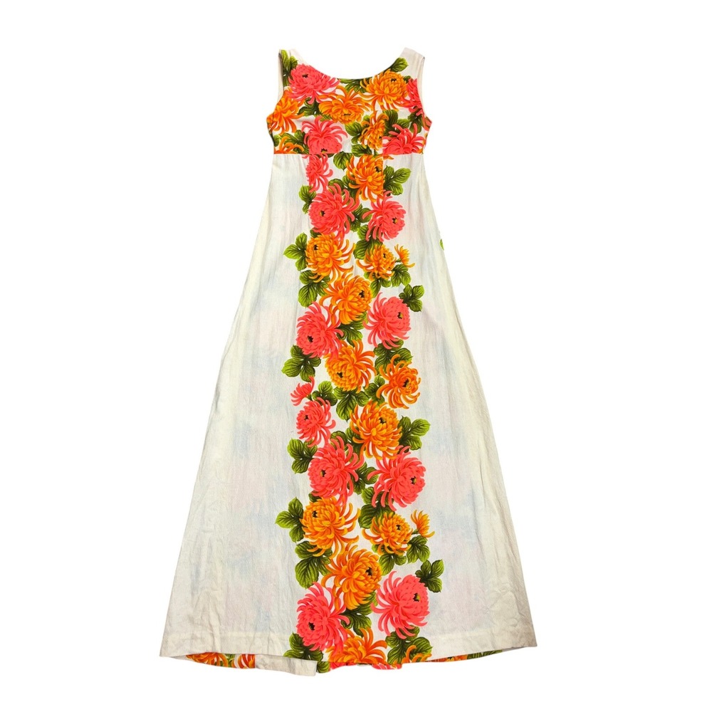 Vintage Ui-Maikai Hawaiian Maxi Dress Cotton Barkcloth Floral Back Pink XS